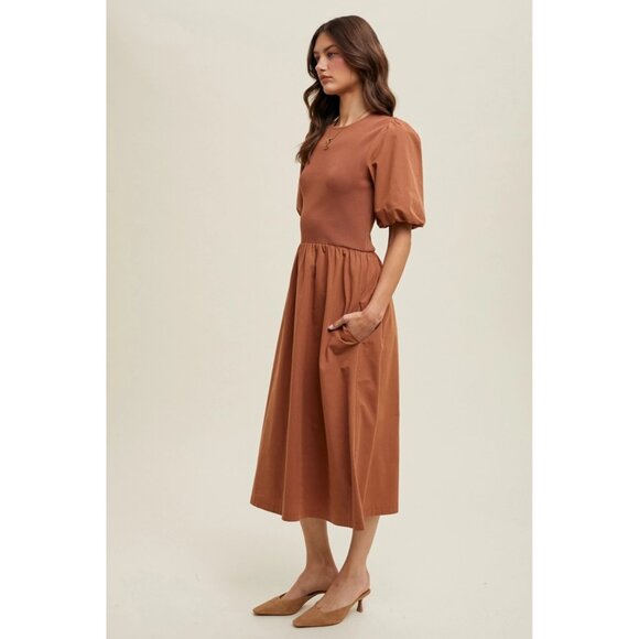 Rust Brown Puff Sleeve Midi Dress – Feminine Fit & Flare Silhouette - Picture 2 of 3